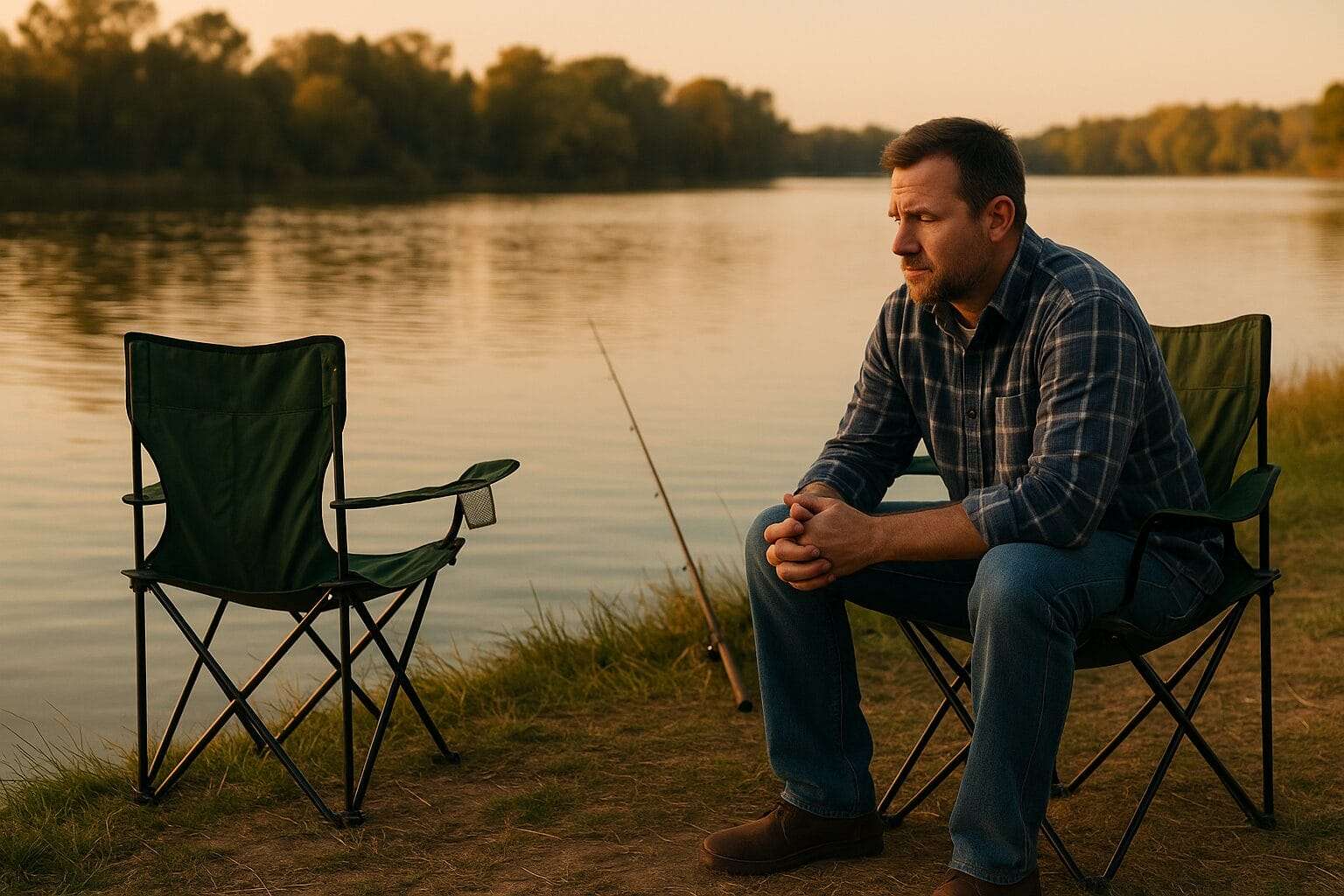 Two empty fishing chairs by a calm lakeside at sunset, symbolizing the emotional absence and quiet fallout of one-sided friendships.