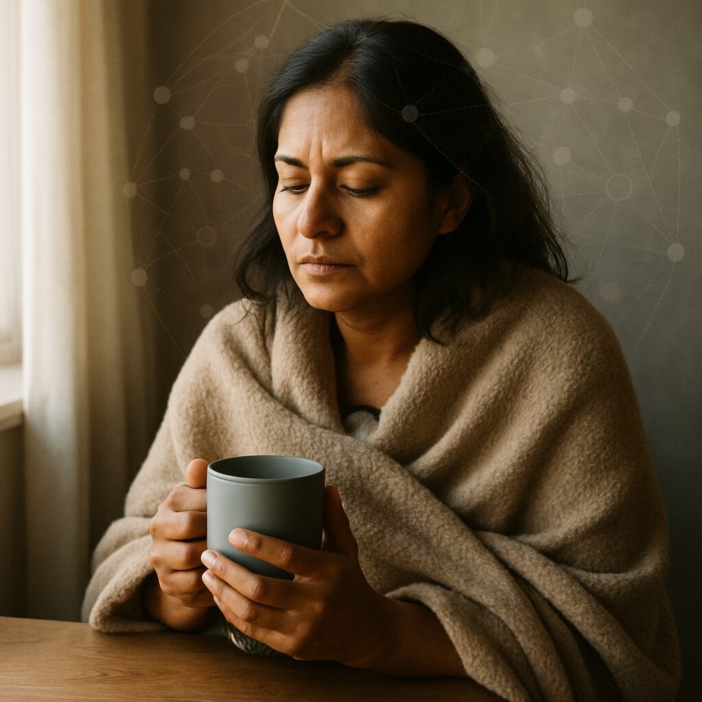 Middle-aged Indian woman wrapped in a blanket, holding a mug and sitting by a window, quietly reflecting during emotional recovery