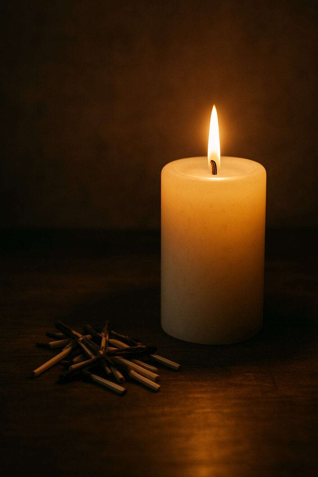 A lit white pillar candle on a wooden table, surrounded by soft shadows and natural textures—symbolizing emotional clarity, healing without hardness, and the quiet strength of recovery.