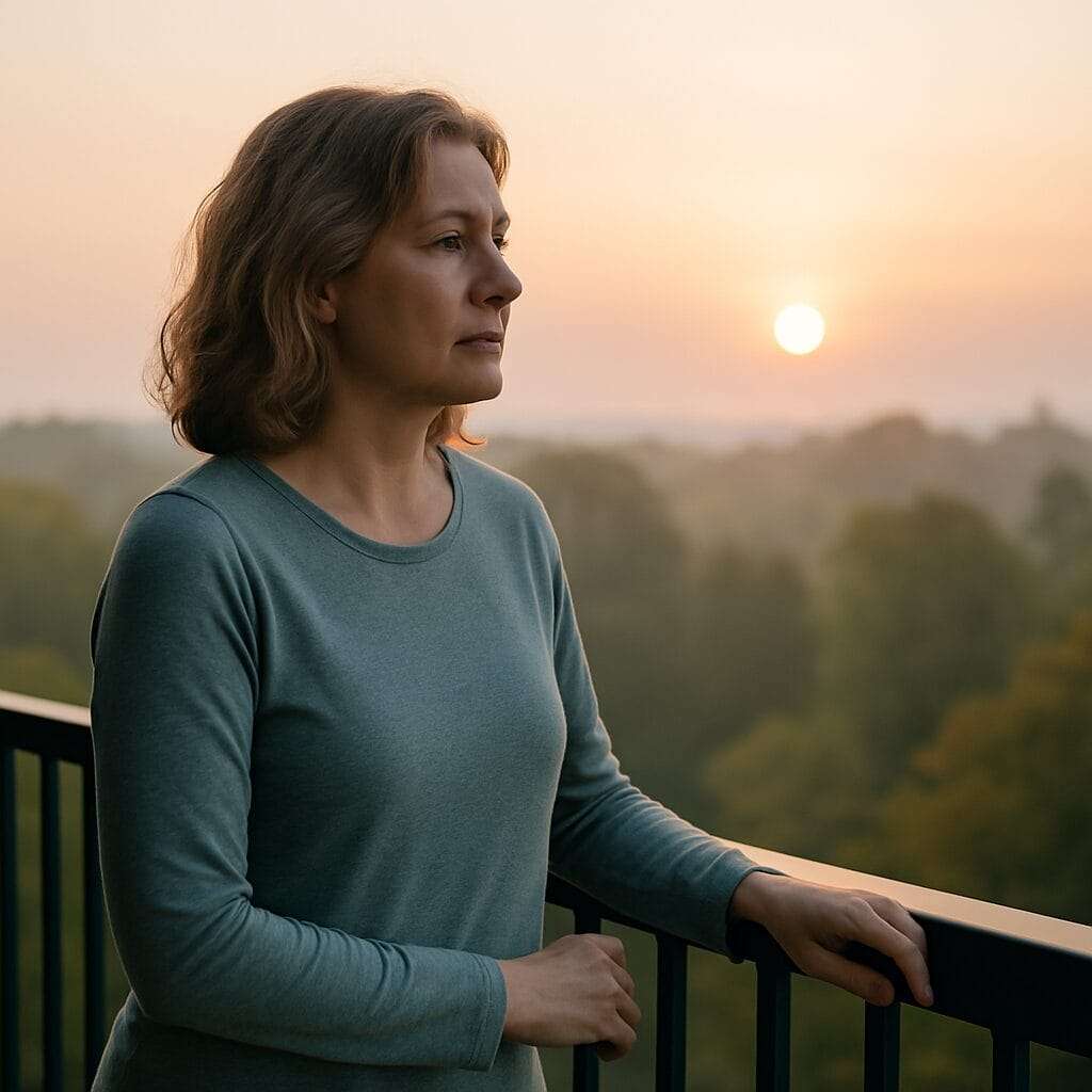 Middle-aged woman standing on a balcony at sunrise, gazing into the distance with quiet strength—symbolizing the first steps toward healing from romantic codependency.