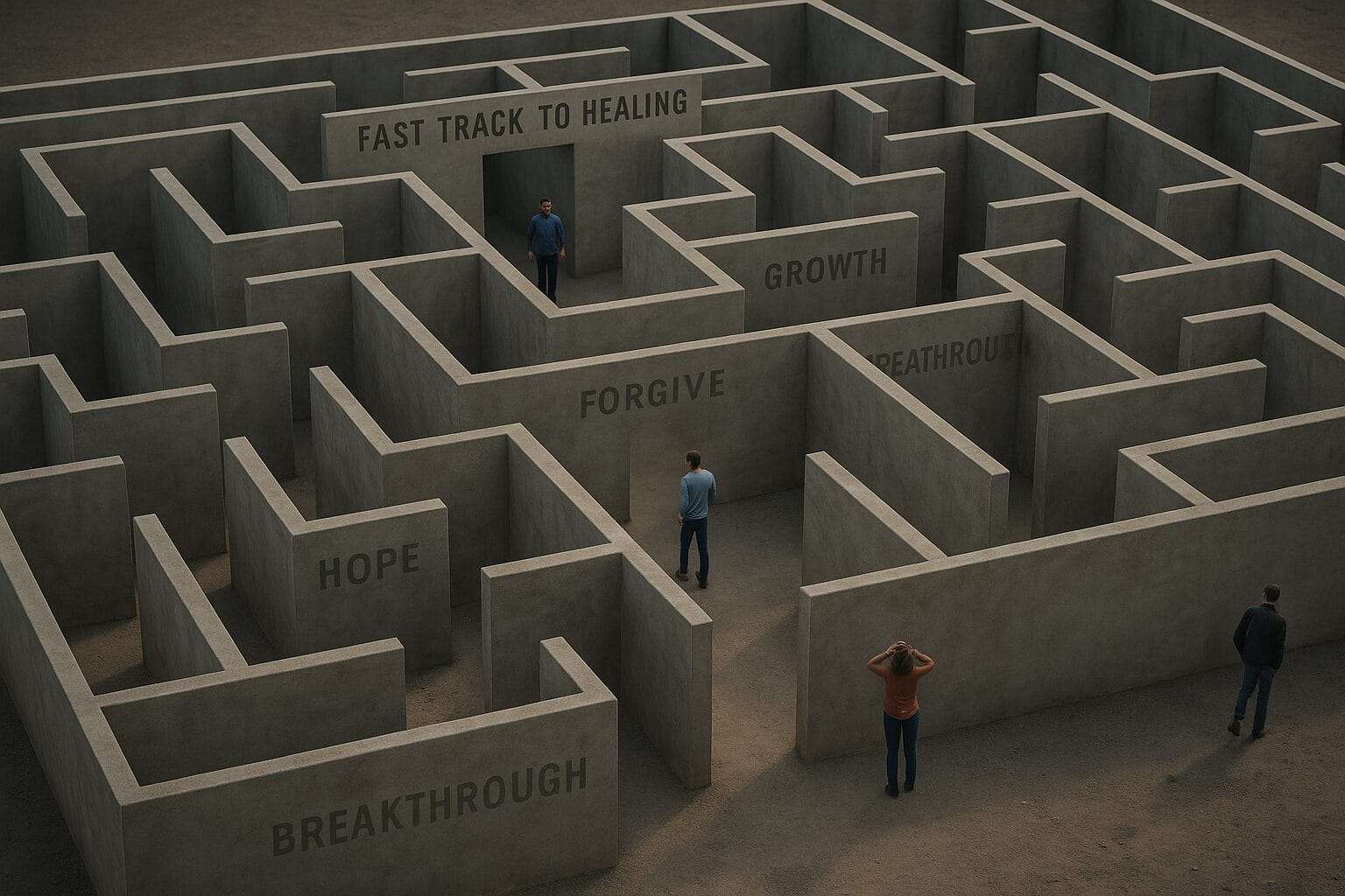An aerial view of a giant concrete maze labeled with words like Hope, Growth, and Forgive, showing people lost inside, symbolizing the endless loops of false healing promises.