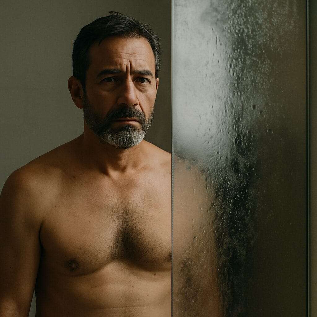Middle-aged man reflecting in half-fogged mirror, symbolizing the messy, internal process of healing from mother-son enmeshment