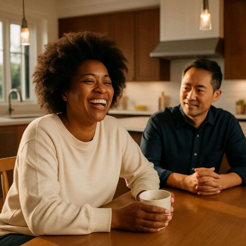 Mid-40s African American woman sitting at a luxury kitchen table with her Asian husband, both smiling softly in a quiet moment of connection and reflection