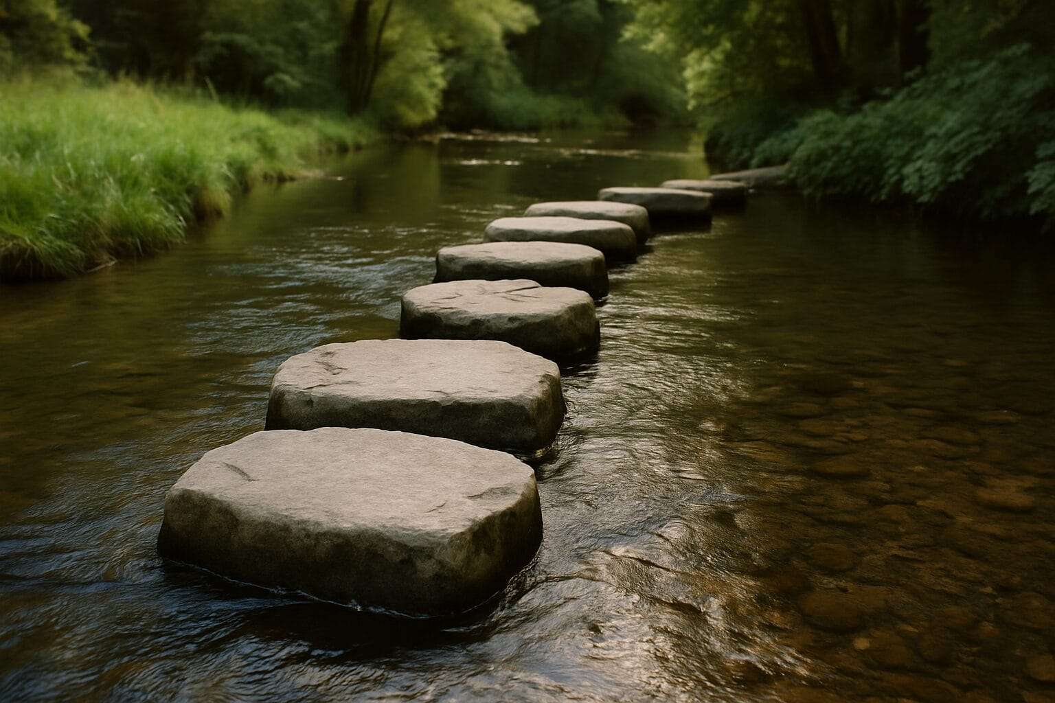 A peaceful path of large flat stepping stones crossing a clear stream, symbolizing steady, honest steps toward real healing.