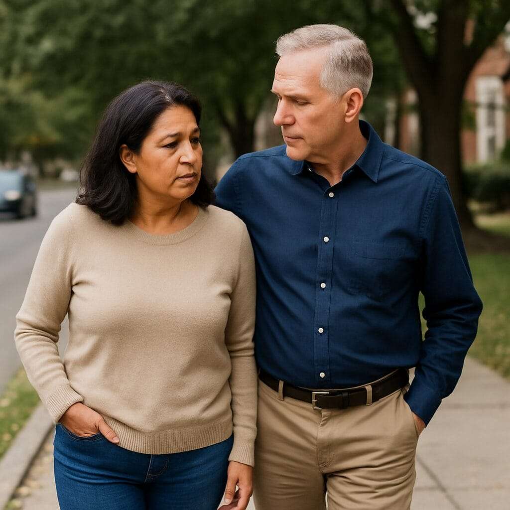 Latina woman and white man in their 50s walking together on a quiet path, sharing a moment of connection and reflection during a peaceful afternoon stroll