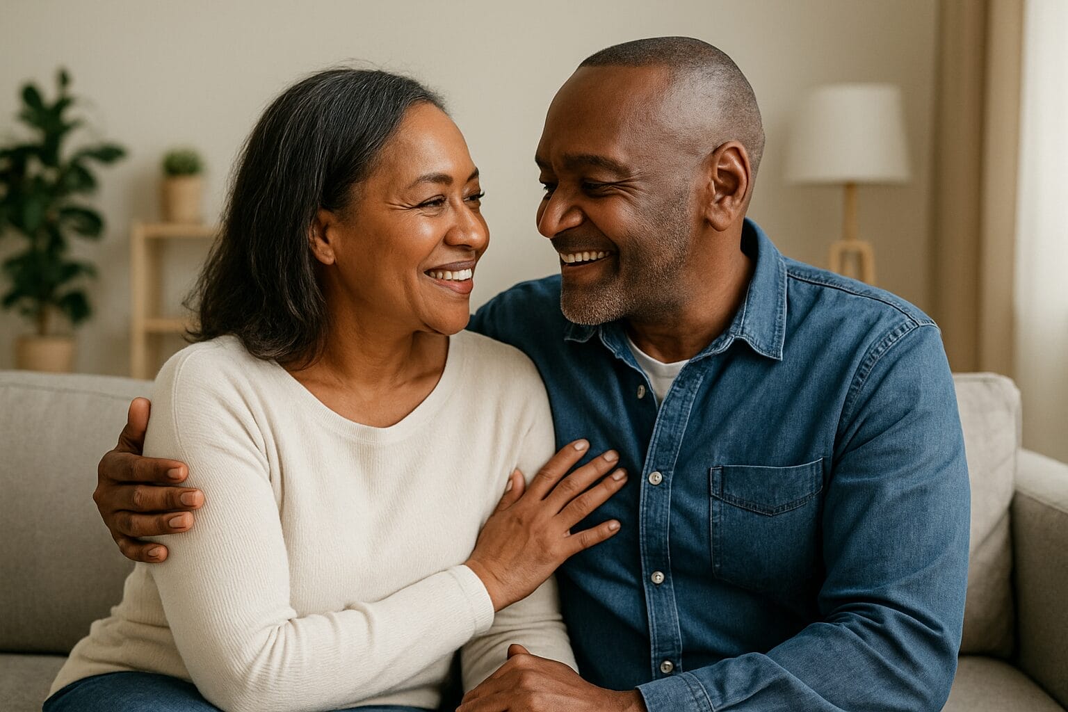 African American couple in their 40s sharing a warm, relaxed moment on a sofa—smiling at each other with gentle affection, illustrating grounded, emotionally safe love.