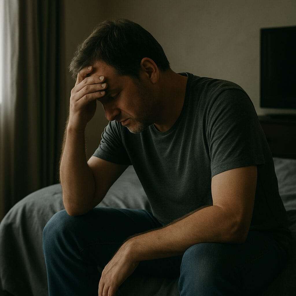 Middle-aged man sitting on bed with head in hand, symbolizing the emotional weight and quiet suffering caused by unresolved mother-son enmeshment