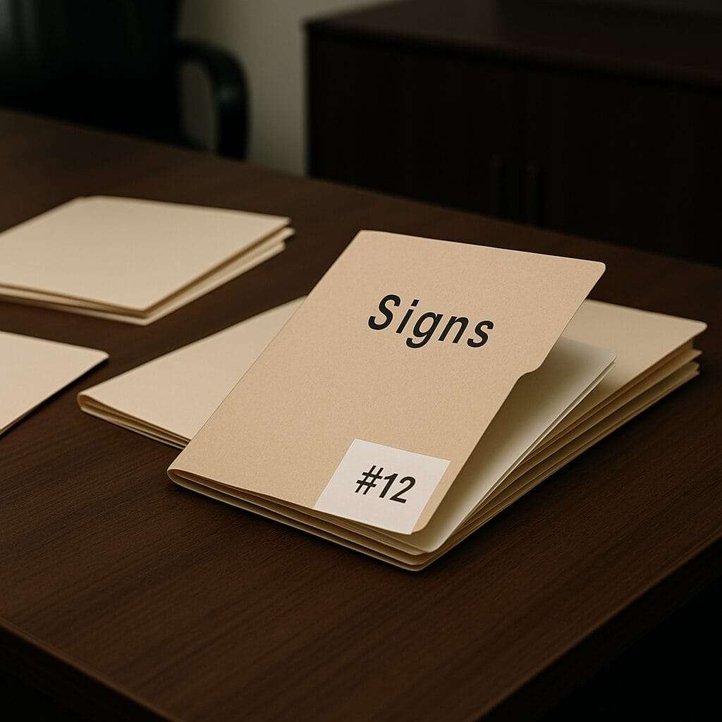 A neat stack of manila folders on an executive desk, with one partially open folder labeled ‘Signs’ and a paper marked #12, symbolizing hidden signs of unresolved trauma.