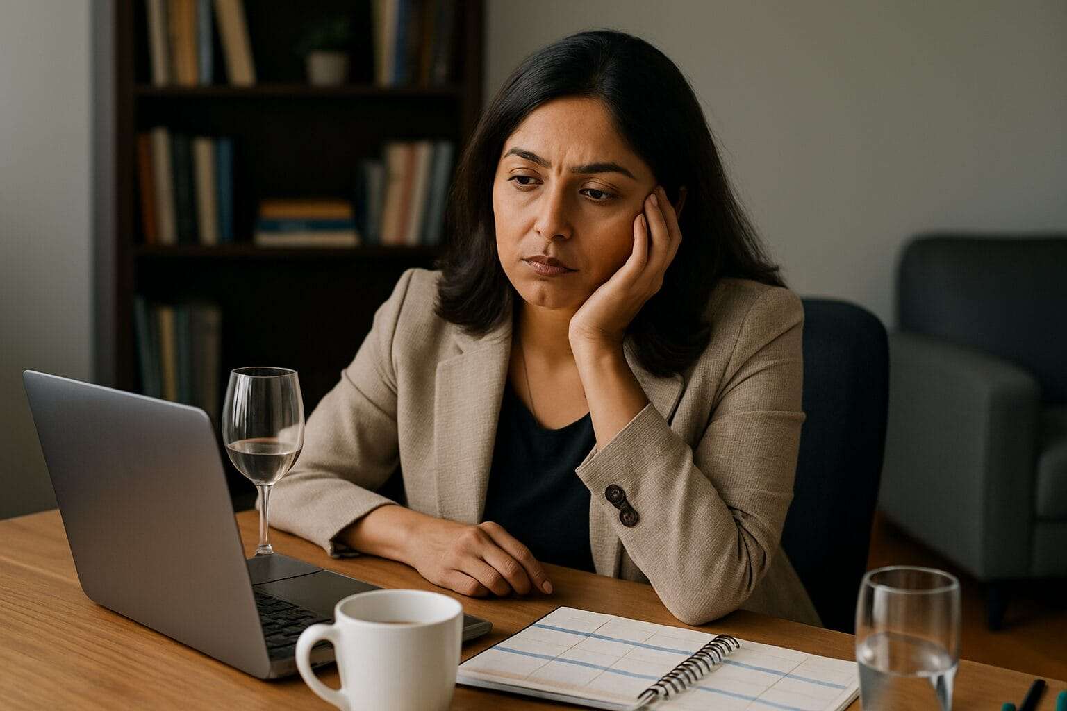 Indian woman in her 40s sitting at a tidy desk with coffee, planner, and wine glass, looking emotionally exhausted and disconnected while staring at her laptop.