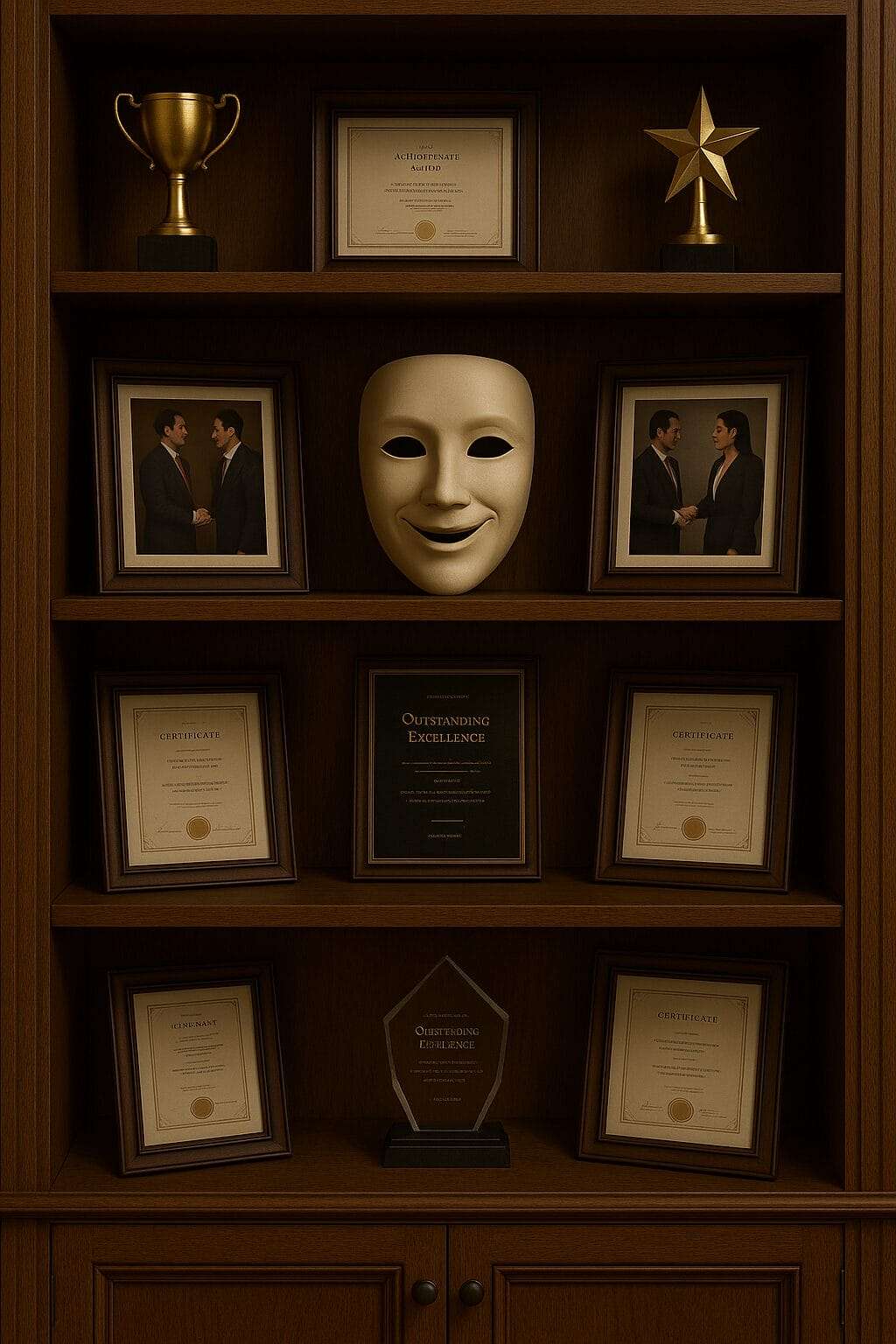 A wooden bookshelf filled with awards, certificates, and a theatrical mask symbolizing performance and emotional concealment.