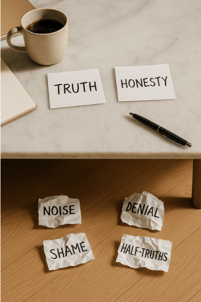 A sunlit luxury desk with handwritten notes that say “TRUTH” and “HONESTY” on top, and crumpled papers labeled “NOISE,” “SHAME,” “DENIAL,” and “HALF-TRUTHS” scattered on the wooden floor below.