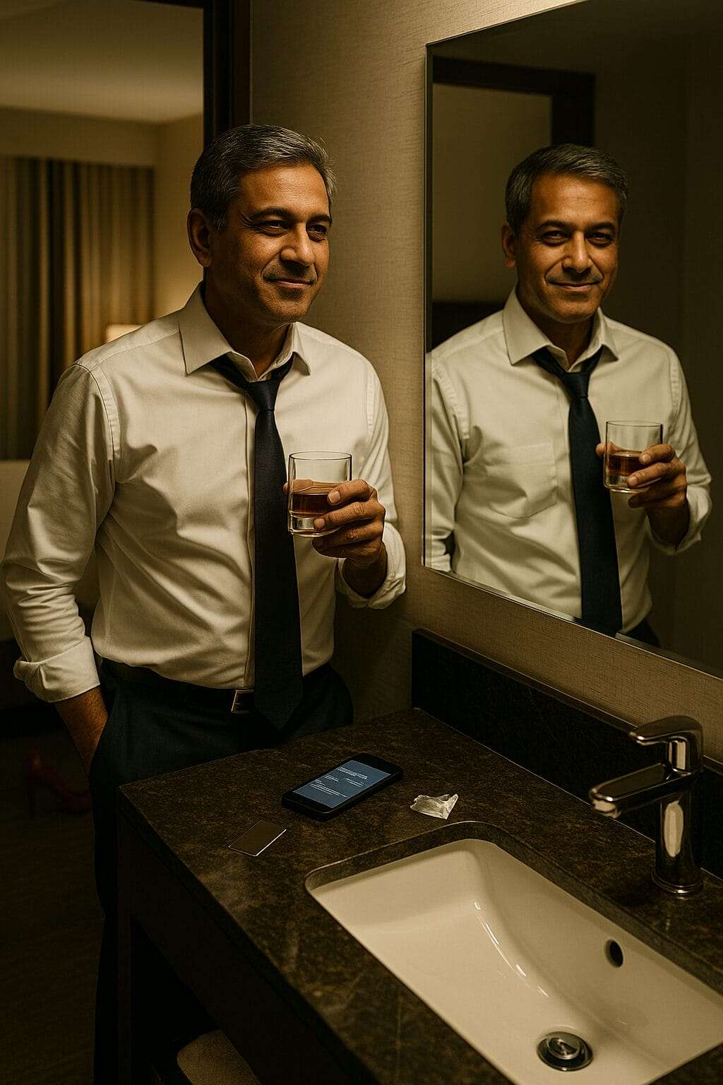 Middle-aged South Asian man in a hotel bathroom staring at his reflection, holding a drink, with a phone and condom wrapper on the sink, symbolizing secret betrayal and self-justification