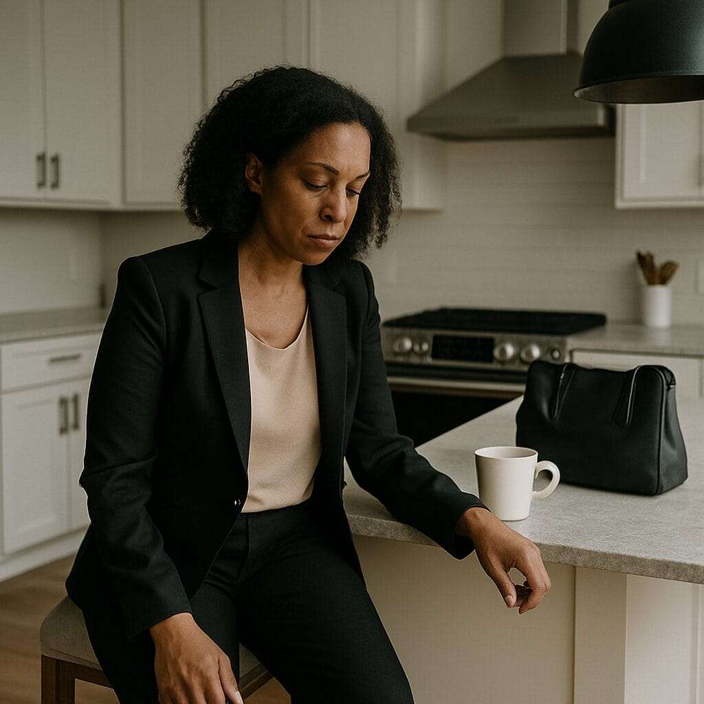 African American woman in her 40s standing in a high-end kitchen after a long day, emotionally depleted, surrounded by quiet disarray and emotional exhaustion