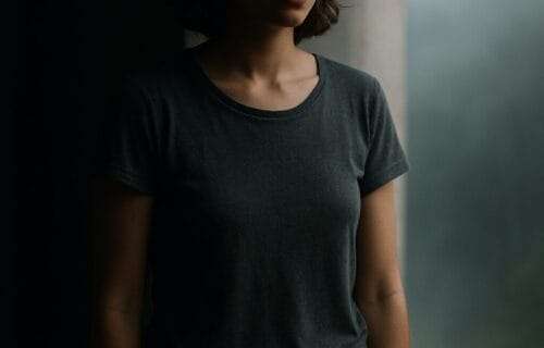 White woman in her 40s standing between light and shadow, symbolizing identity transformation and emotional emergence