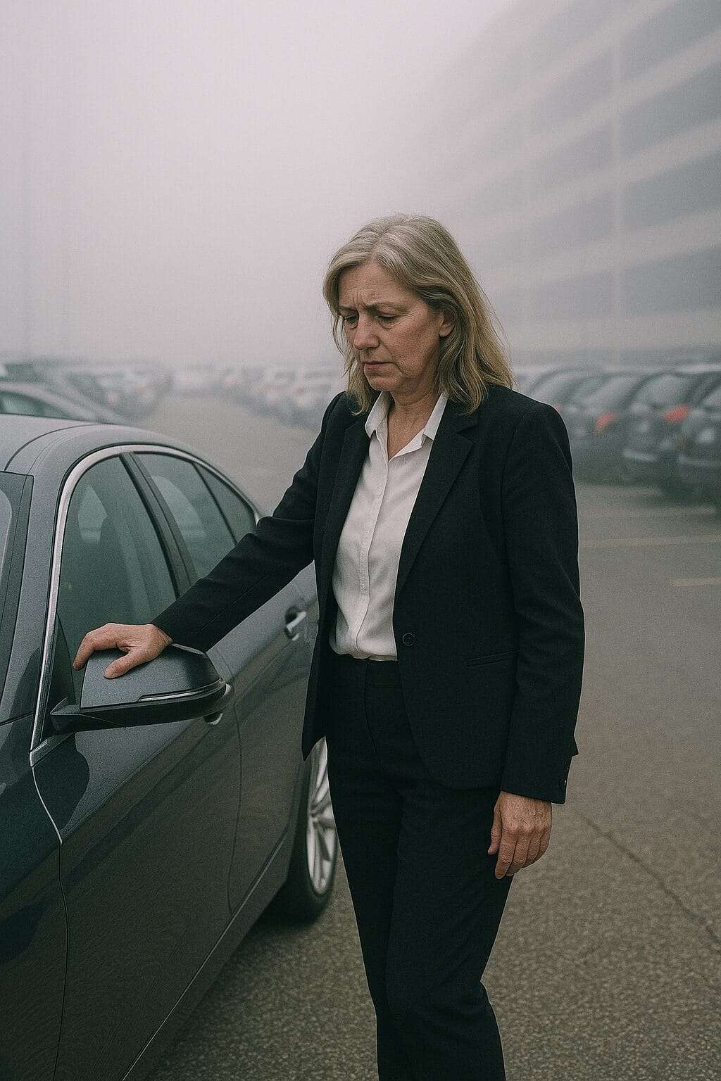 Middle-aged Caucasian woman in business attire touching her luxury sedan in a foggy, crowded parking lot, viewed from the side, visibly weary and uncertain about what comes next
