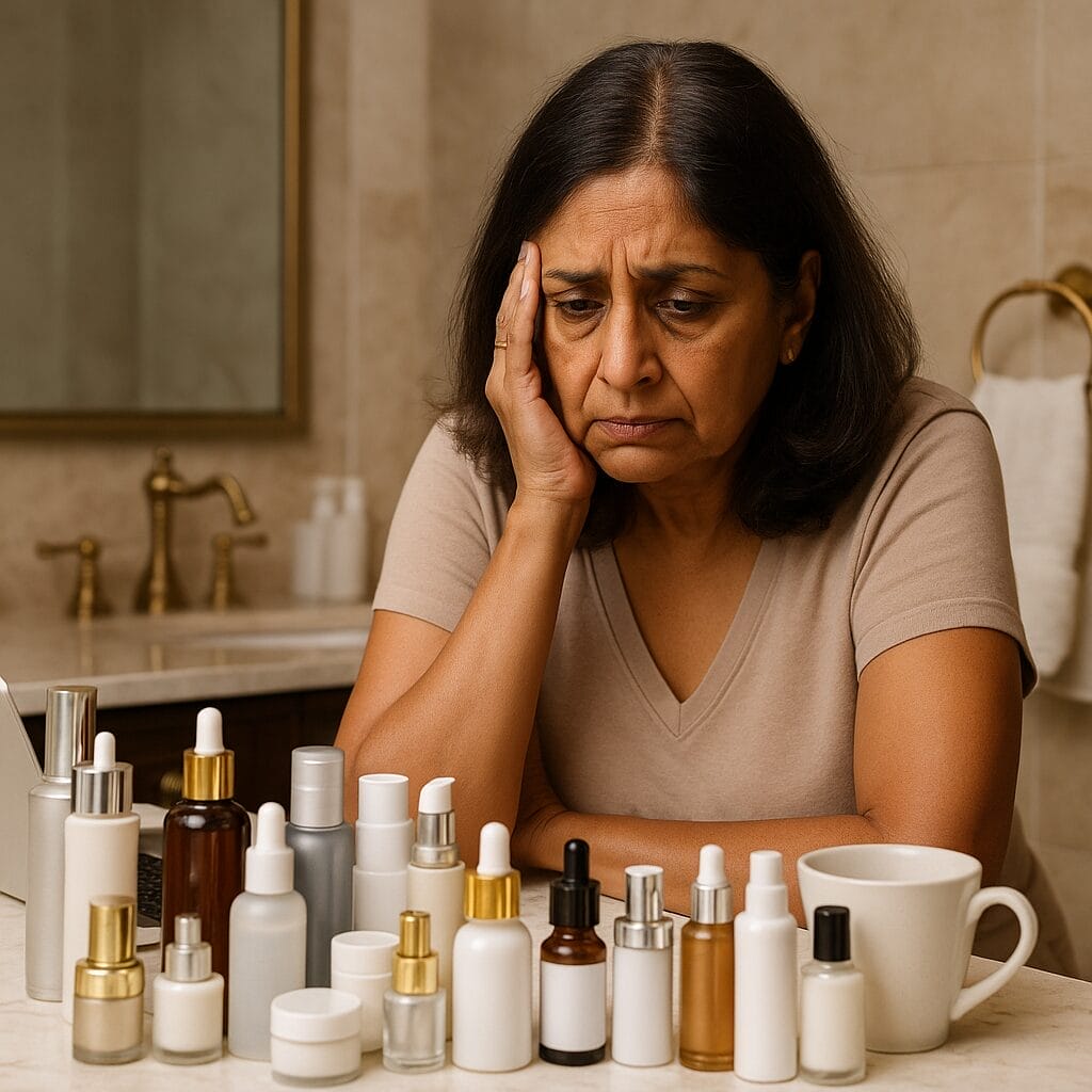 Indian woman in her 50s staring at a cluttered luxury bathroom vanity, surrounded by expensive beauty products, with a look of regret.