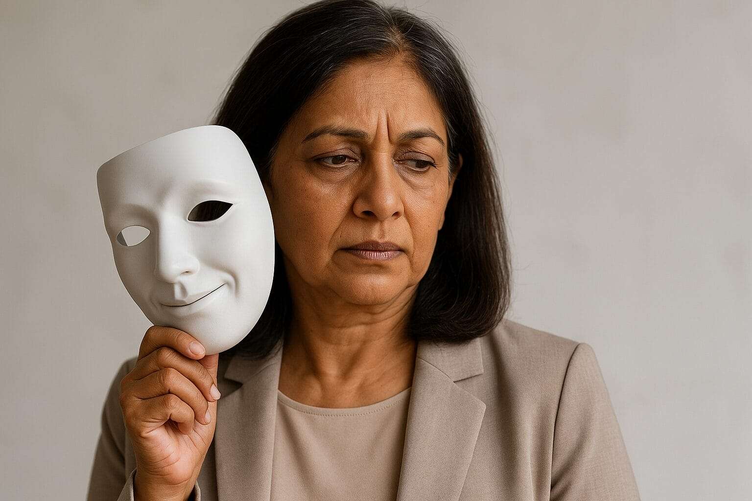 Indian woman in her 50s removing a smiling mask to reveal hidden pain underneath