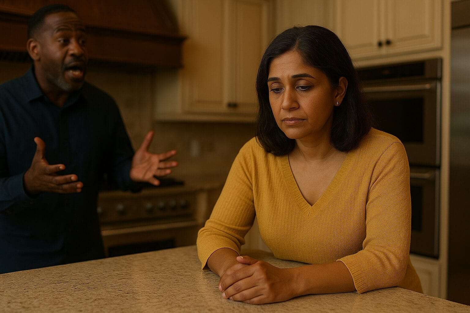 A middle-aged Indian woman stands quietly in a luxury kitchen as a man speaks animatedly nearby—capturing the silent strength of someone who has been holding emotional peace for too long.