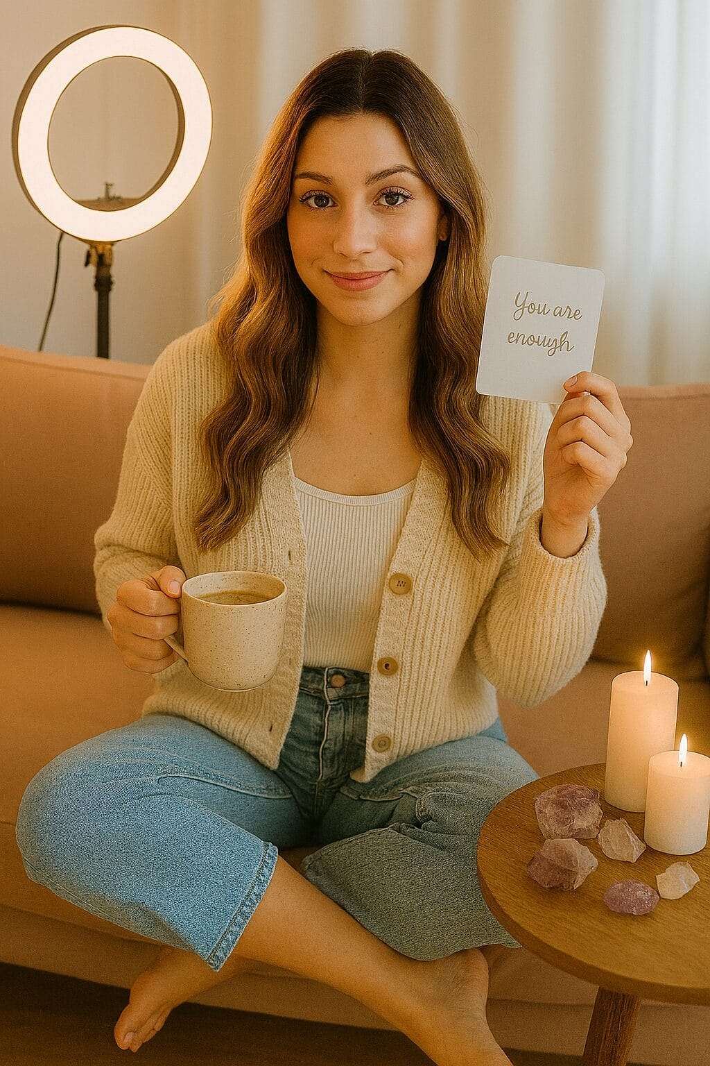 A young woman sits cross-legged on a sofa holding a coffee mug and a card that reads "You are enough," with a ring light behind her, lit candles, and crystals on a side table—evoking the aesthetic of pop psychology and curated self-care.