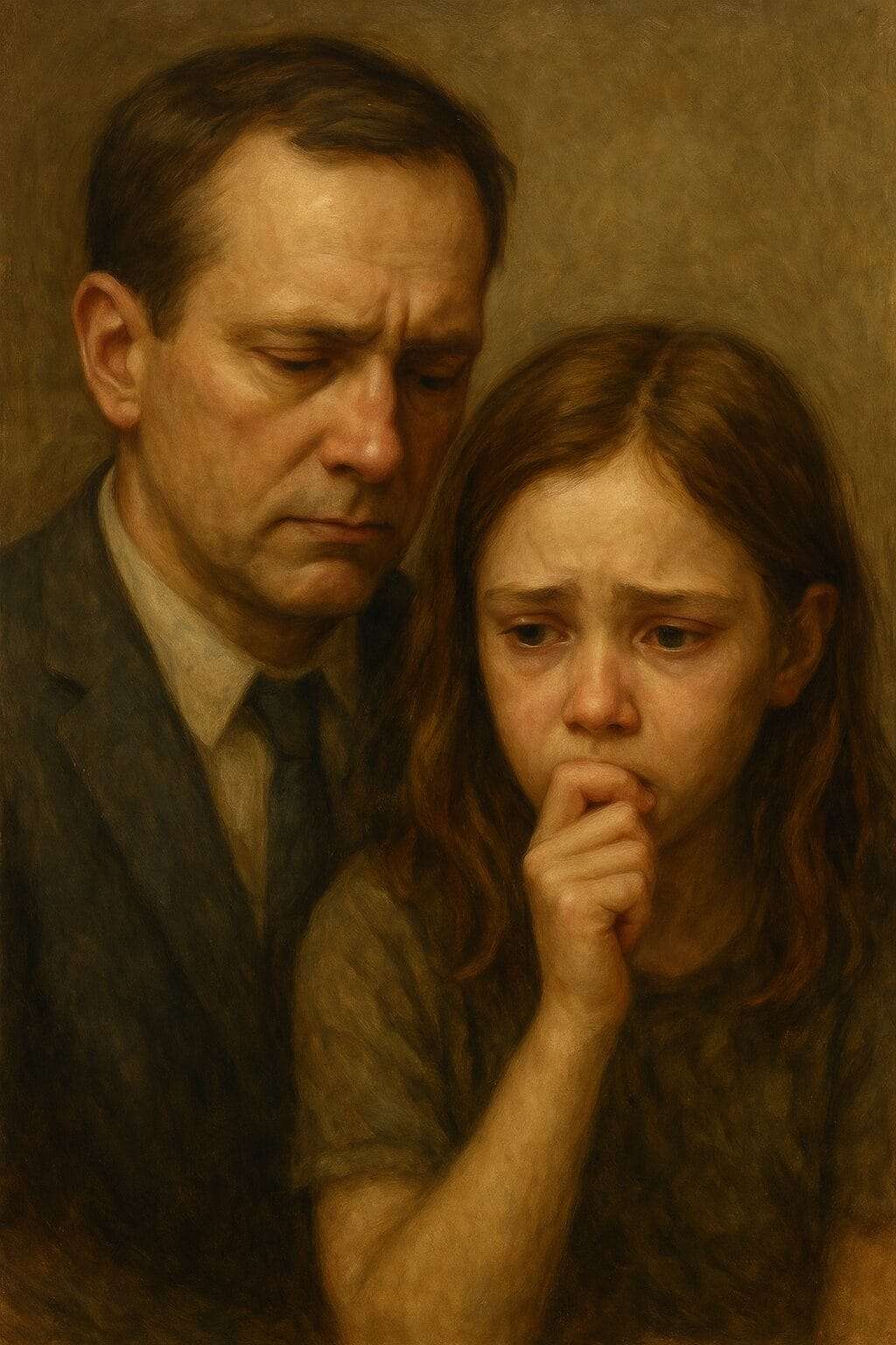 A traditional oil painting of a solemn man standing behind a young girl with a distressed expression, visually representing the internal conflict between adult awareness and the anxious child ego