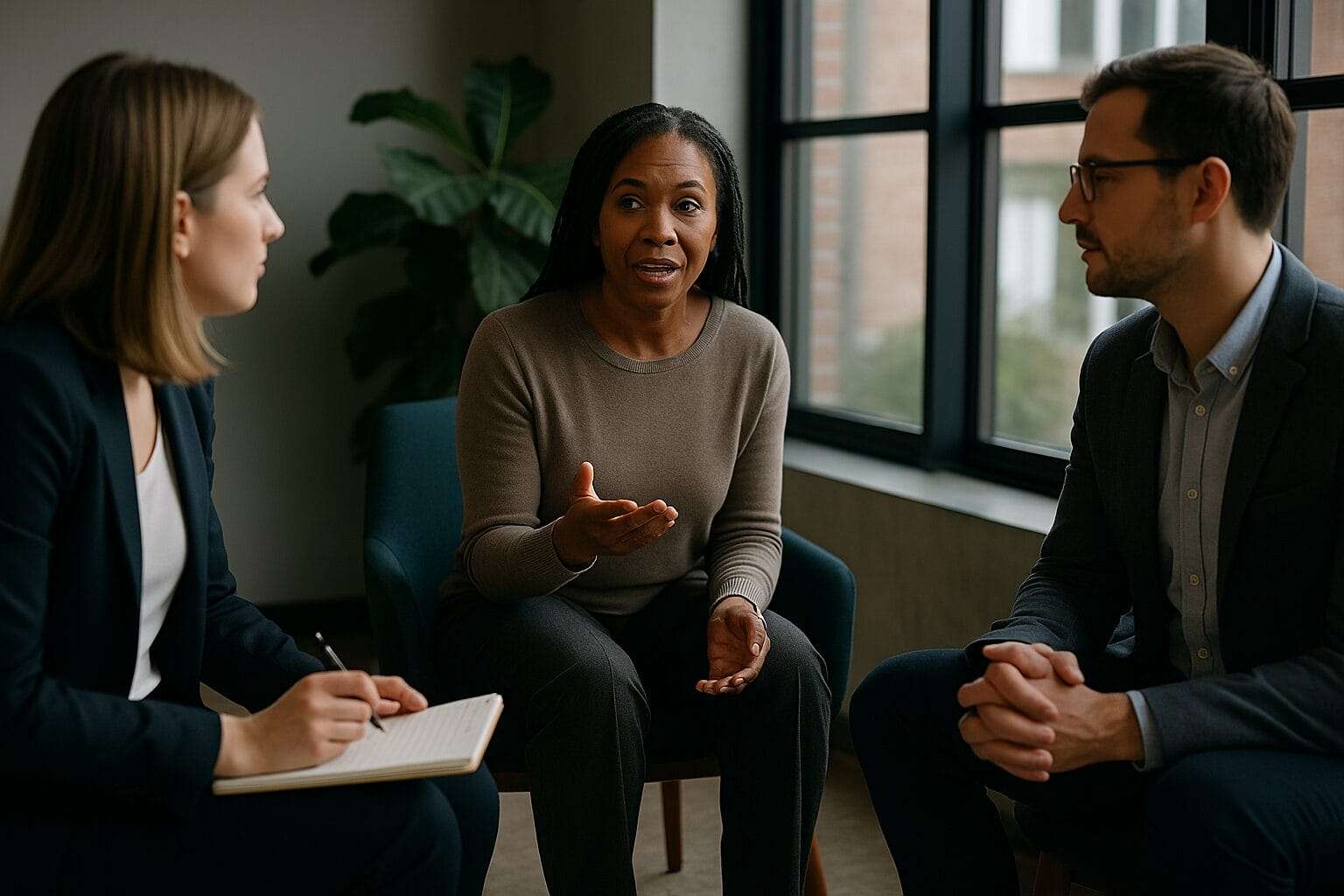 A middle-aged Black woman speaks openly with two colleagues in a relaxed office corner during a small leader huddle; one listens while taking notes, symbolizing safe, practical conversation to break old patterns.