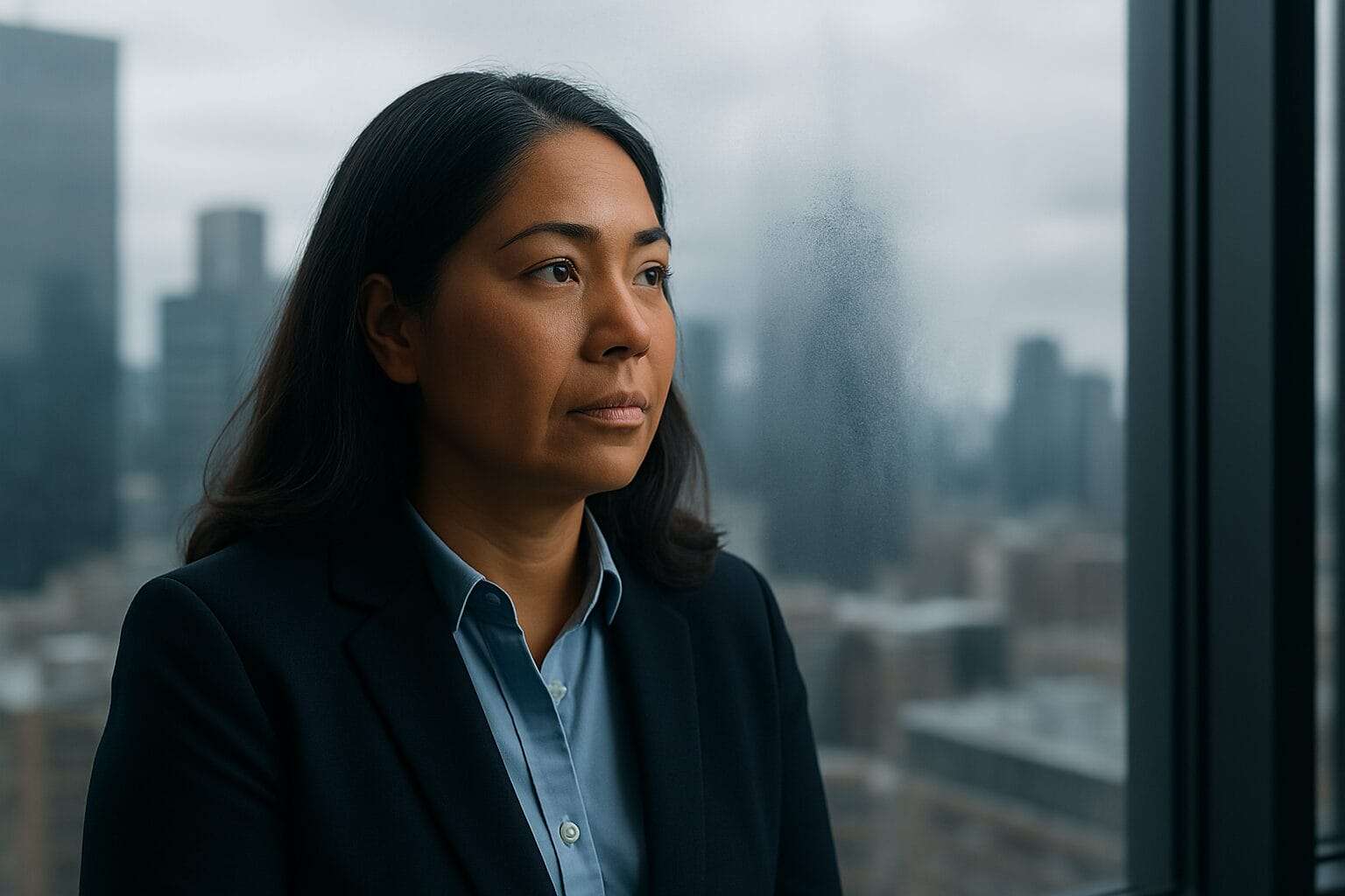 Pacific Islander woman in a blazer looking through a partially fogged office window at a blurred city skyline, symbolizing hidden leadership blind spots and distorted clarity.