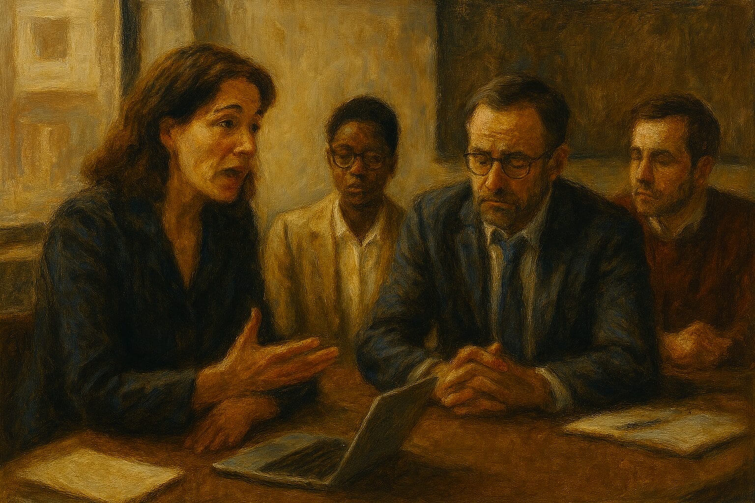 An oil painting of a tense leadership meeting, with a woman speaking passionately while three colleagues sit in silence, illustrating the discomfort caused by emotional oversharing in professional settings.
