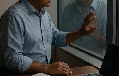 Pacific Islander man in his 50s reflecting at an office window, hand on glass, with a cluttered desk — symbolizing honest leadership while still healing.