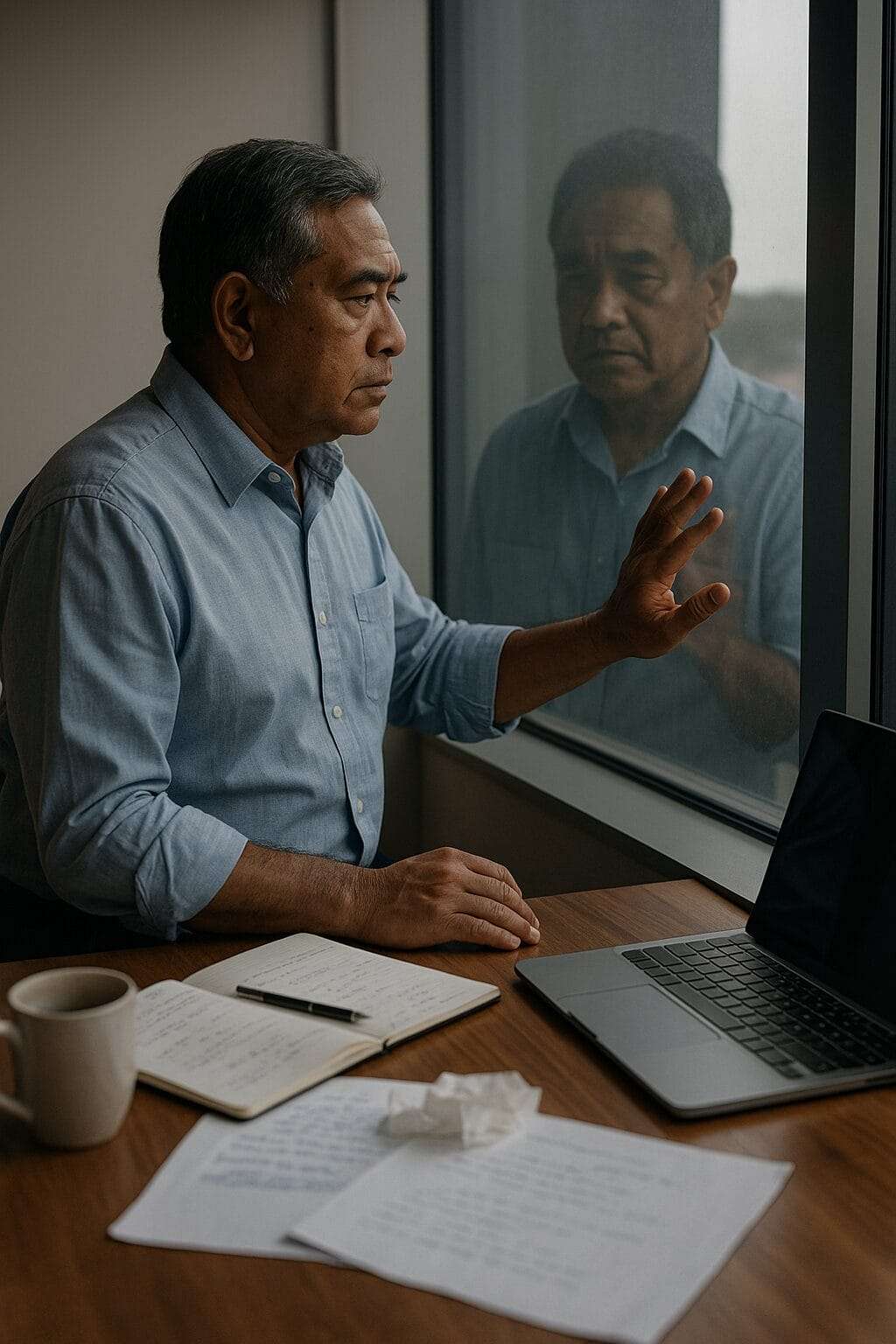 Pacific Islander man in his 50s reflecting at an office window, hand on glass, with a cluttered desk — symbolizing honest leadership while still healing.