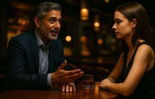 id-50s Indian businessman at an upscale bar, smooth-talking a distant woman, wedding ring imprint visible, symbolizing hidden betrayal