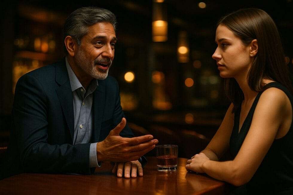 id-50s Indian businessman at an upscale bar, smooth-talking a distant woman, wedding ring imprint visible, symbolizing hidden betrayal