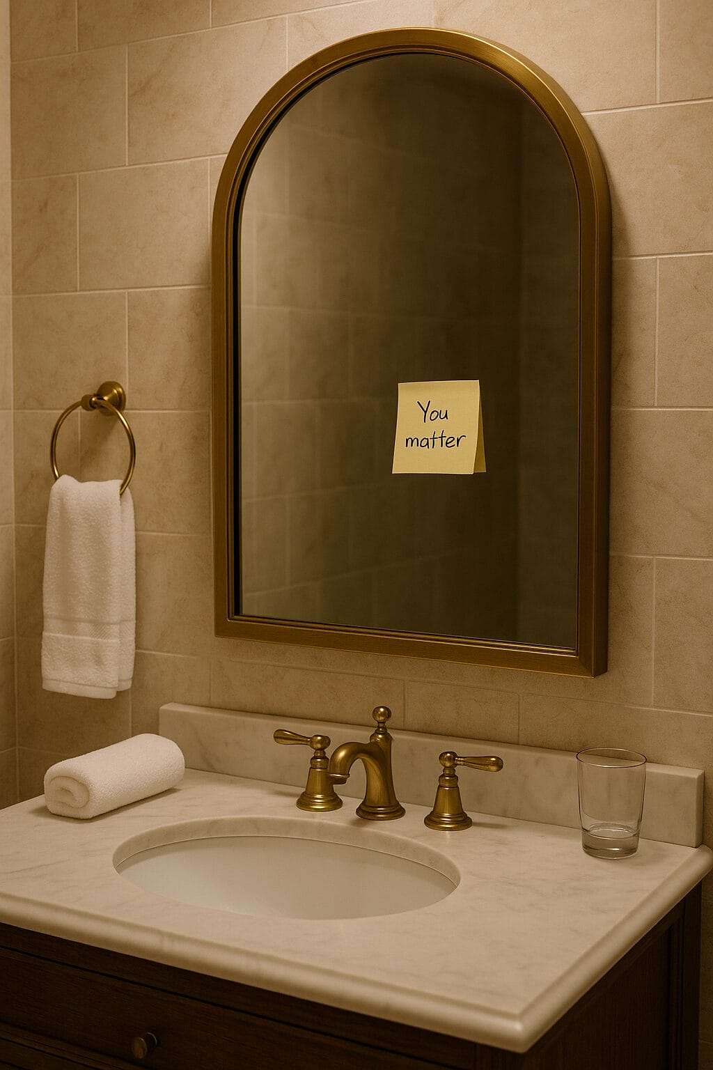 Luxury bathroom mirror with handwritten note taped to it, symbolizing self-leadership and recovery after emotional misuse