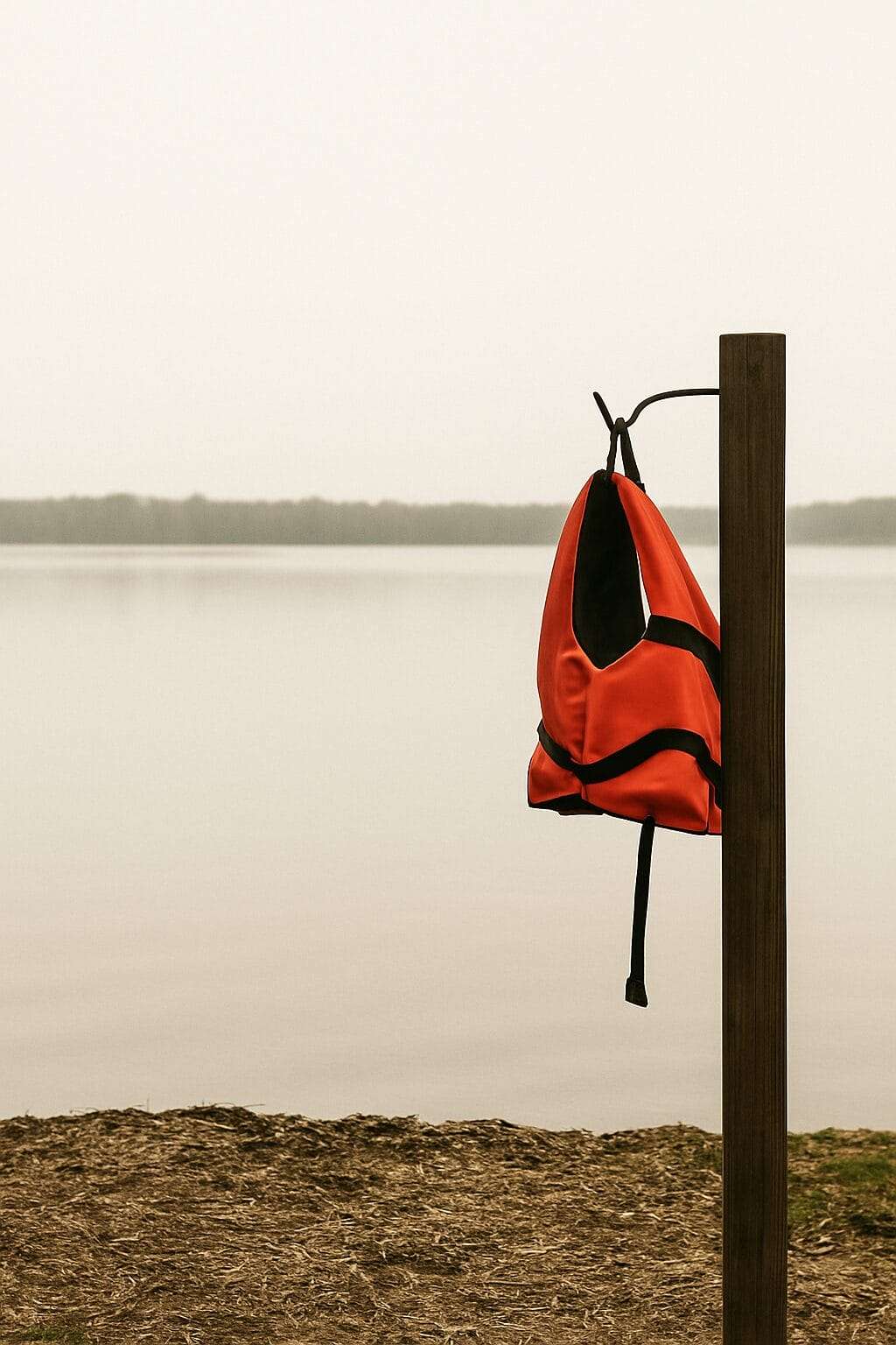 A single orange life vest hanging calmly on a wooden post near the edge of a quiet lake, symbolizing support that waits without pressure.