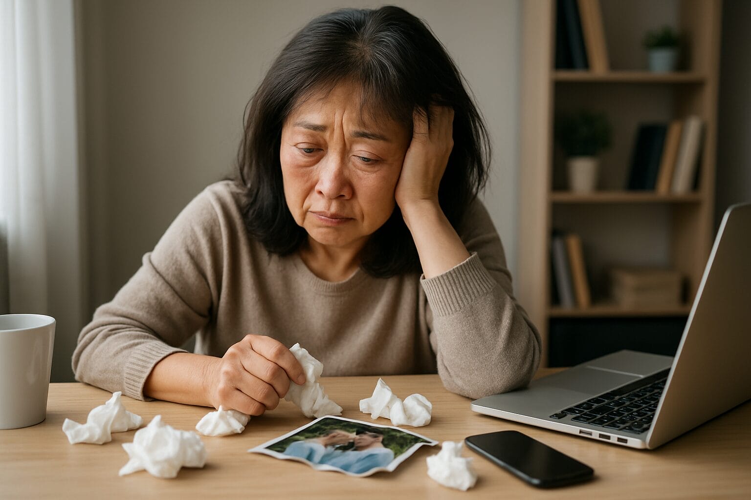 Disheveled middle-aged Asian woman sitting at a desk, surrounded by tissues, looking sadly at a crumpled photo—illustrating the emotional crash of love addiction and oxytocin withdrawal.