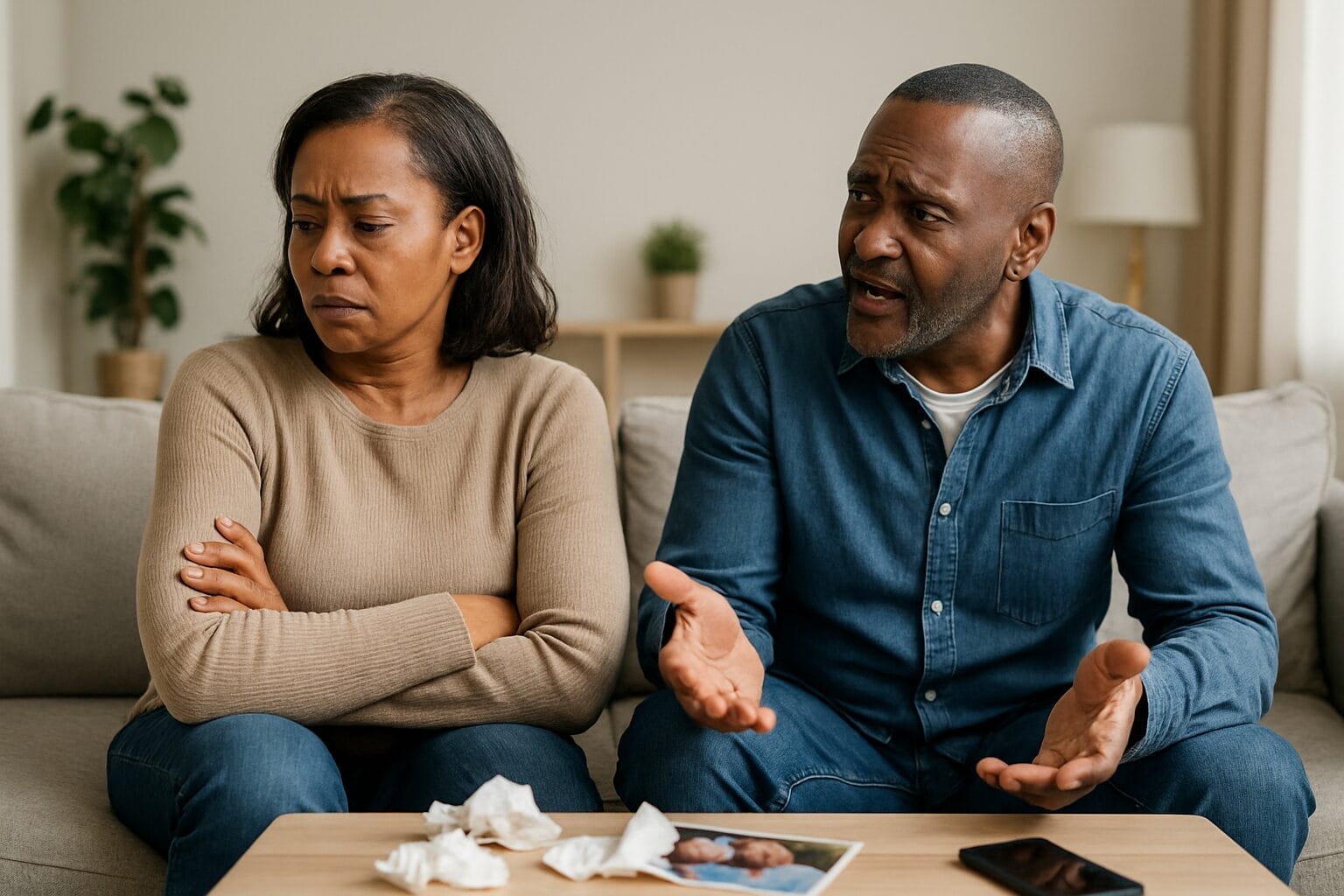 African American couple in their mid-40s sitting tensely on a couch, with the woman turned away and arms crossed while the man gestures emotionally—capturing relational strain and emotional disconnect.