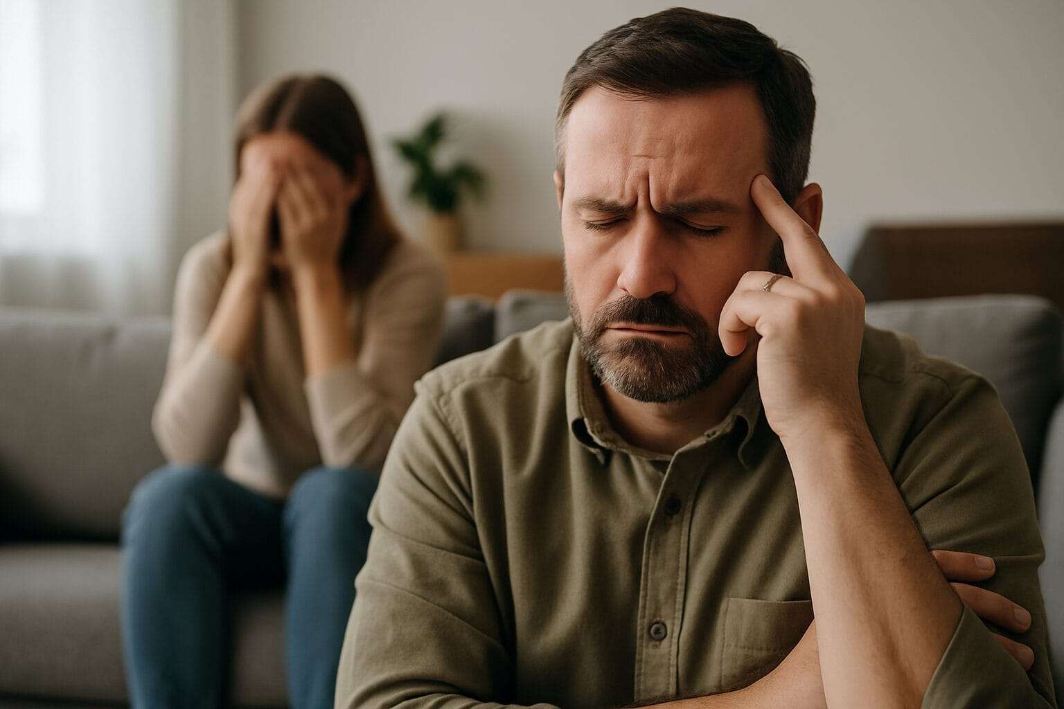 A worried man sits on a couch with his eyes closed and hand at his temple, while a woman in the background covers her face and cries.