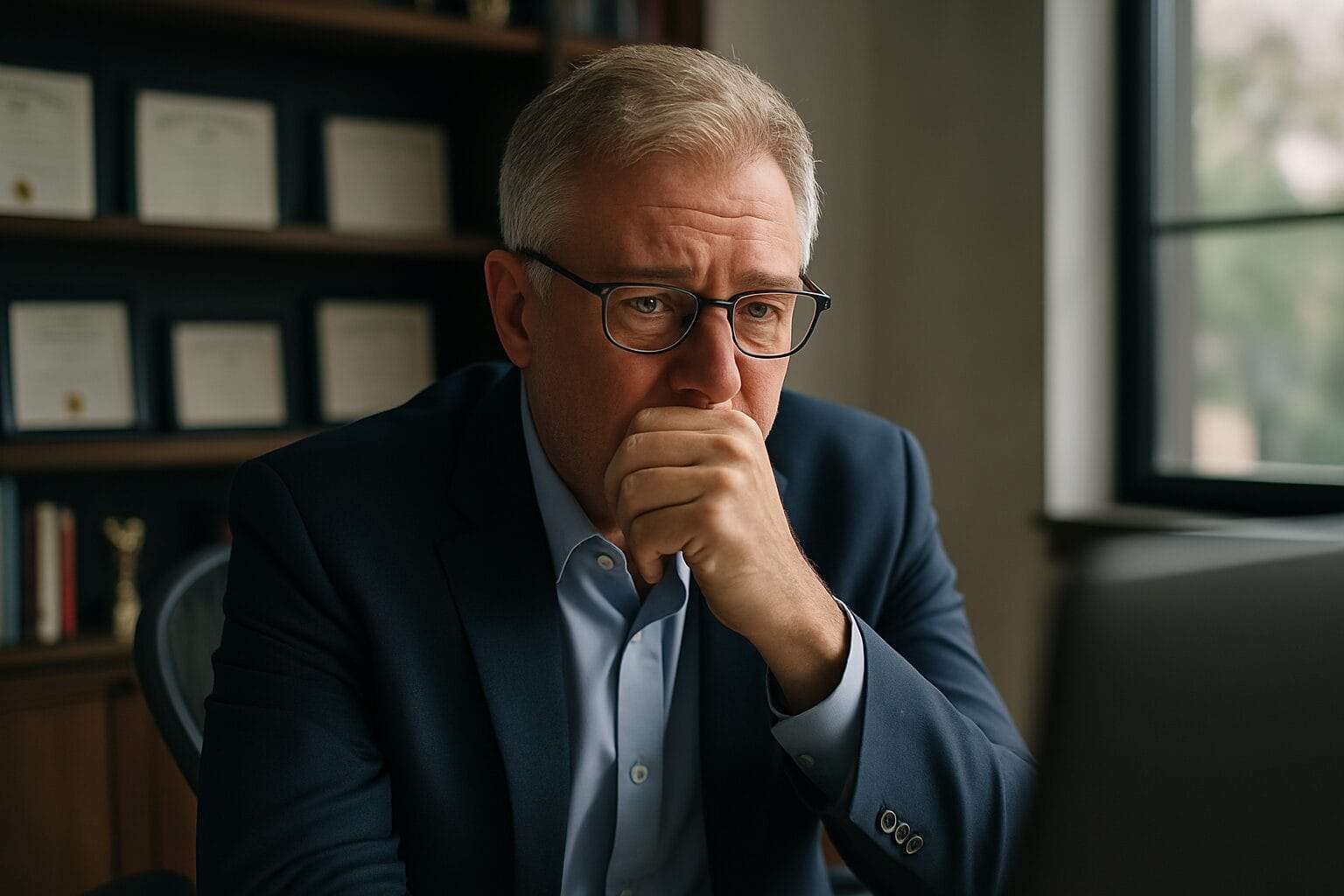 A middle-aged Caucasian man in a navy blazer sits at his desk, staring at a screen with quiet intensity. His hand rests near his mouth, eyes slightly misty as he processes an emotional realization during a virtual coaching session. Diplomas and awards fill the background of his office, highlighting his professional success as he holds steady in a moment of internal reckoning.