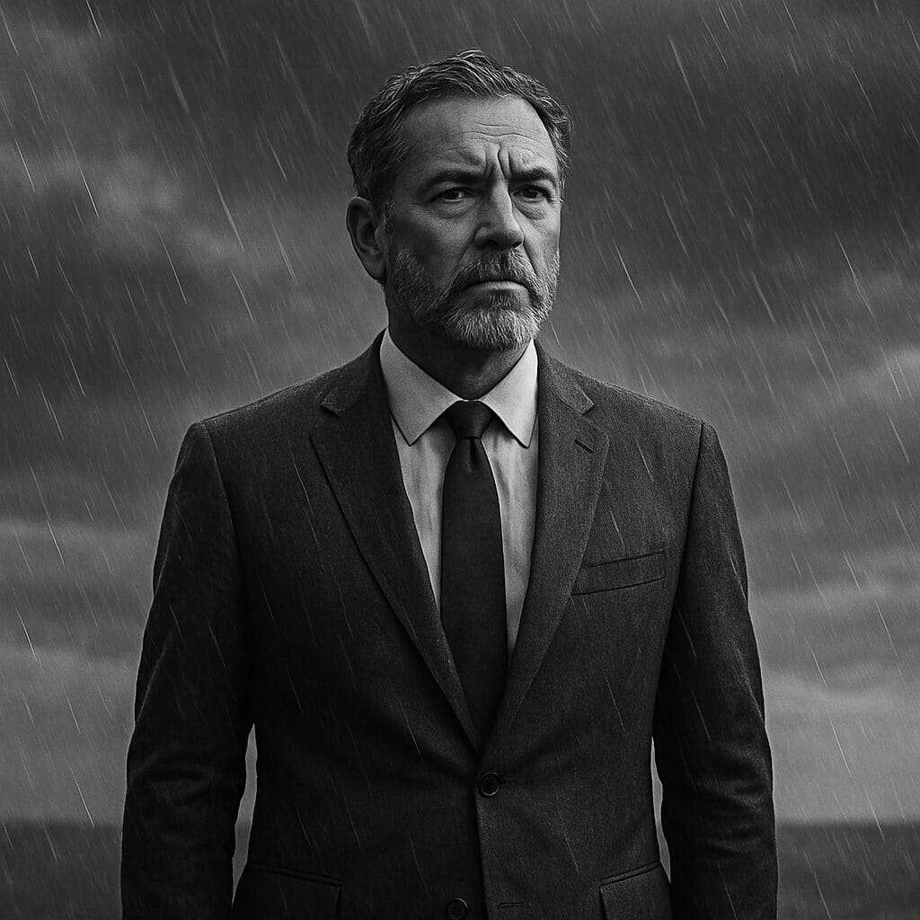 A man in a dark suit stands alone in a storm, eyes focused, shoulders steady—symbolizing emotional sobriety and leadership through internal clarity.