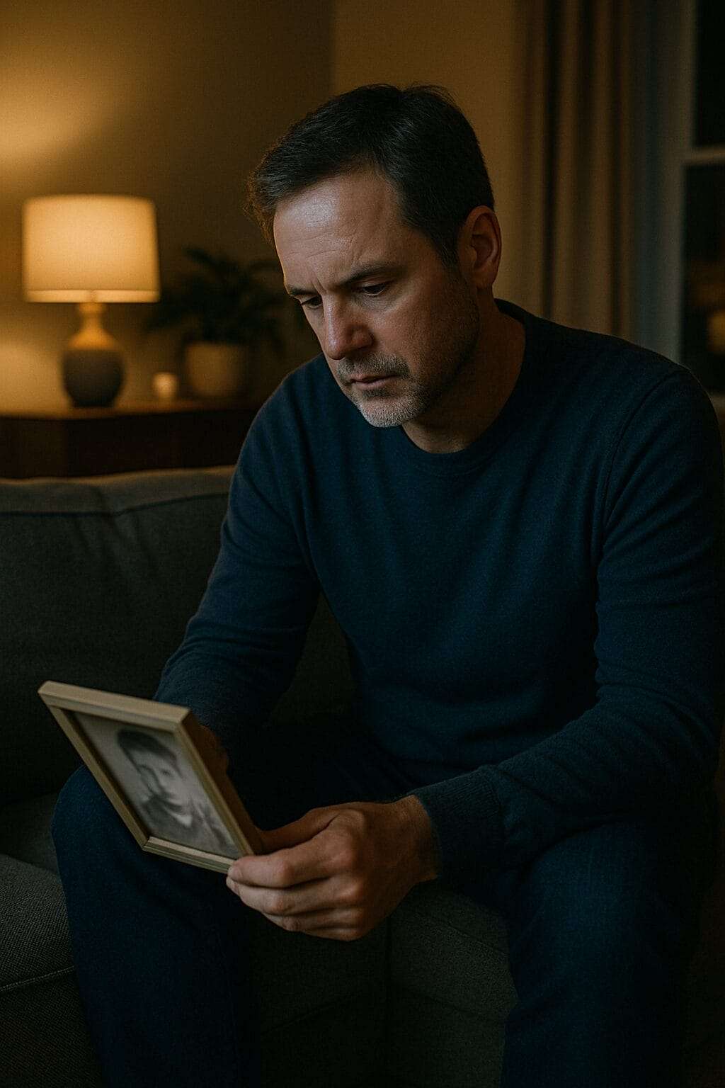 man sitting alone at night in a well-decorated home, looking successful but distant. • Faint overlay of blurred childhood photo (face indistinct) or a man looking at a small keepsake.
