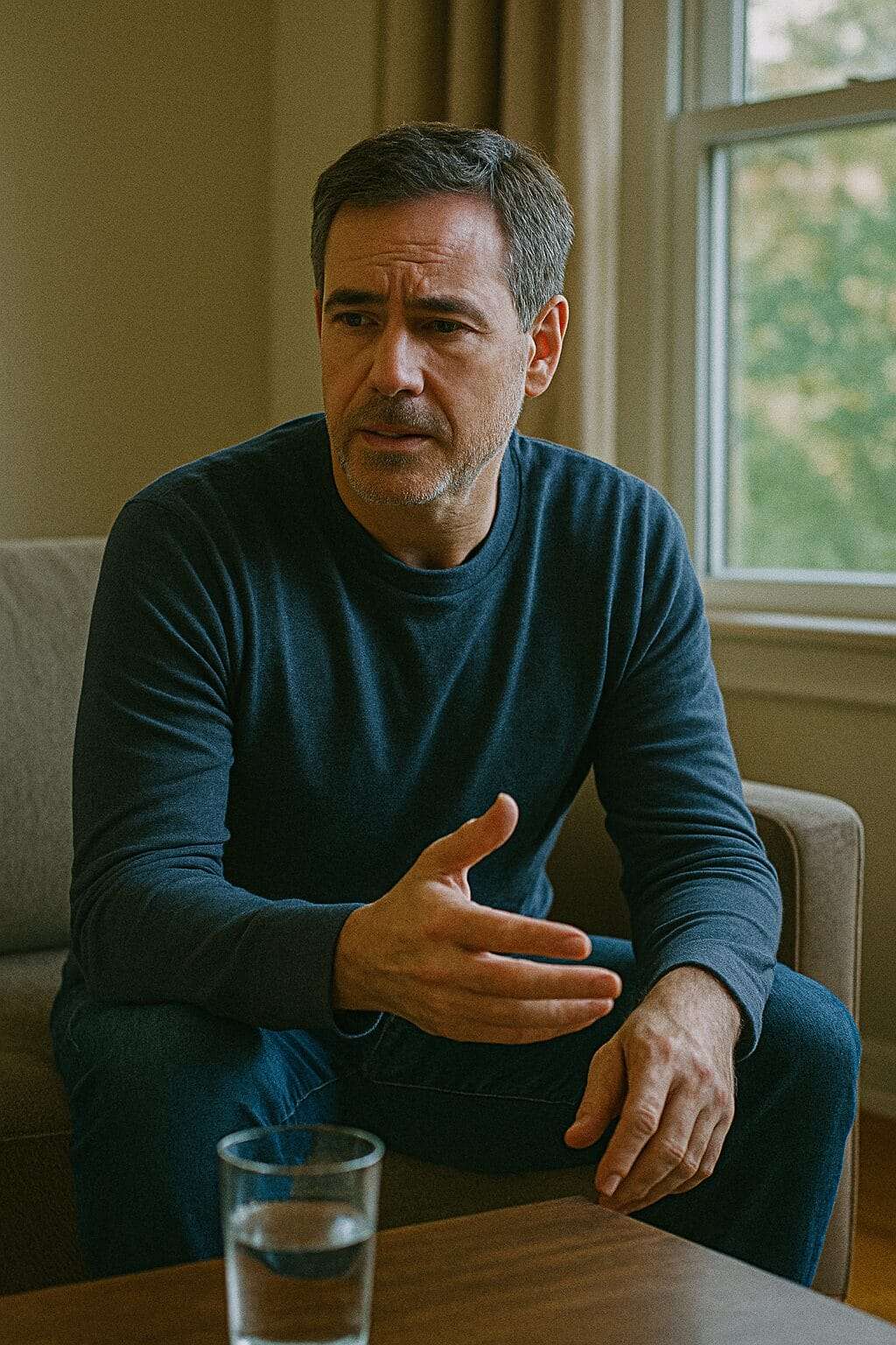 l: A man mid-conversation on a couch—not with a therapist in frame, just him, talking. Glass of water nearby. Posture open, but tentative.