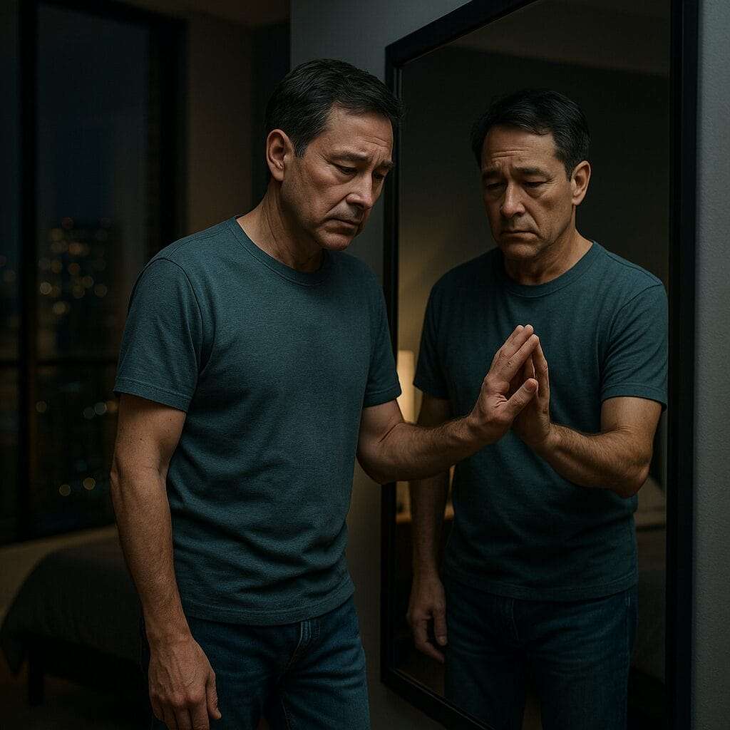 A man in his mid-40s (choose ethnicity as needed) stands in front of a bedroom mirror. He's not dressed for performance—he’s in jeans and a soft t-shirt or sweater. This is his off-stage self.