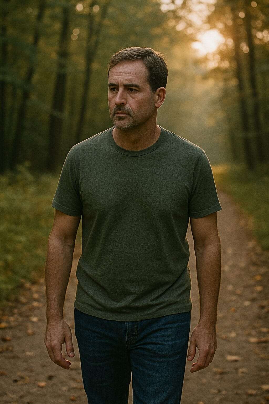 : A man walking through a wooded path at sunrise—not smiling, not triumphant, but simply present.