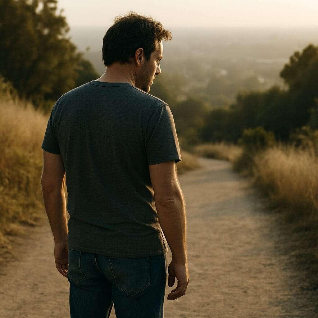 : Middle-aged man standing on a quiet dirt path at sunset, symbolizing the slow, personal journey of healing from mother-son enmeshment