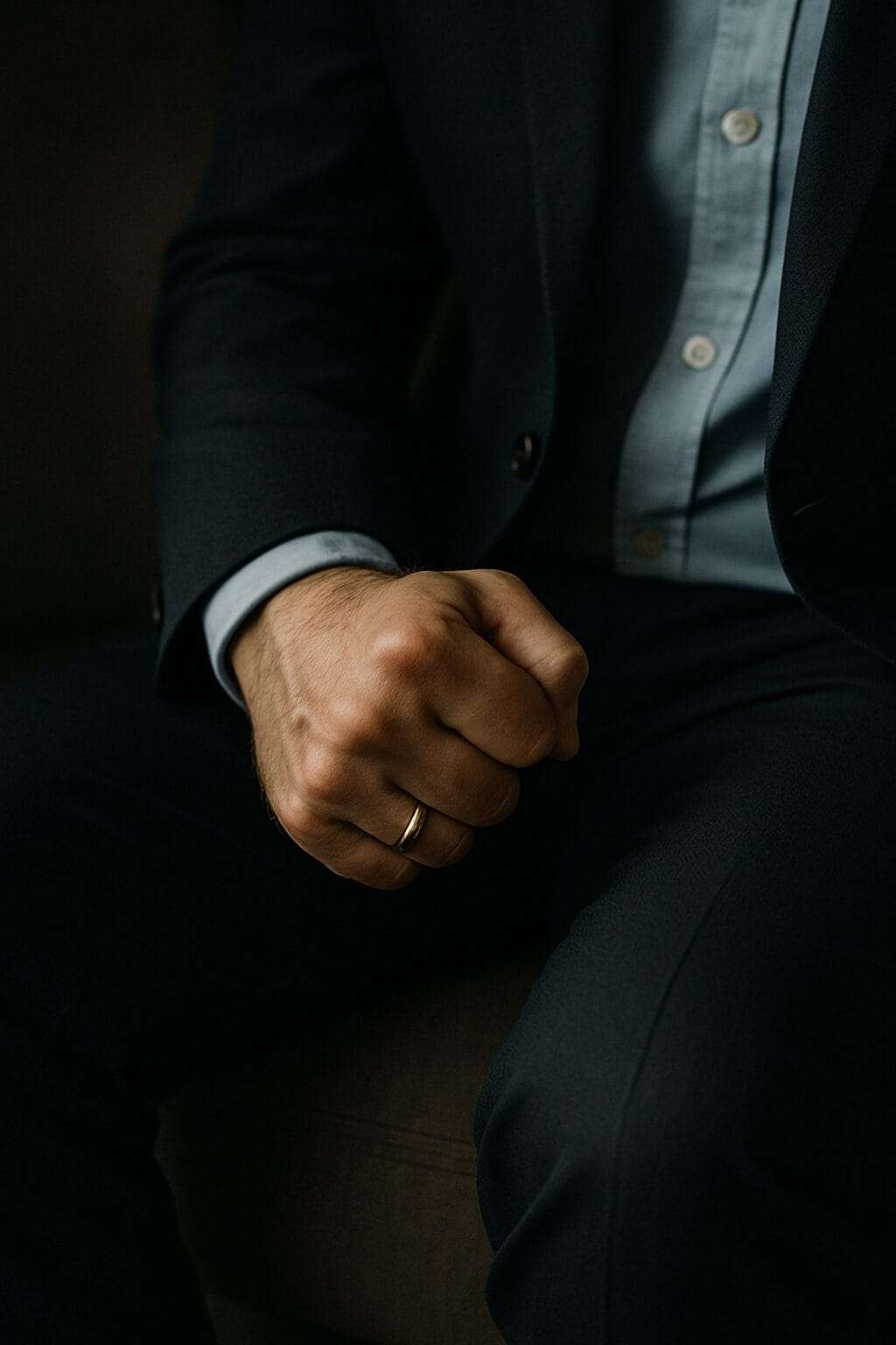 A close-up of a man’s hand clenched on his thigh—suit pants, wedding band visible. Neutral tones, dim lighting. You don’t see his face—just the tension.