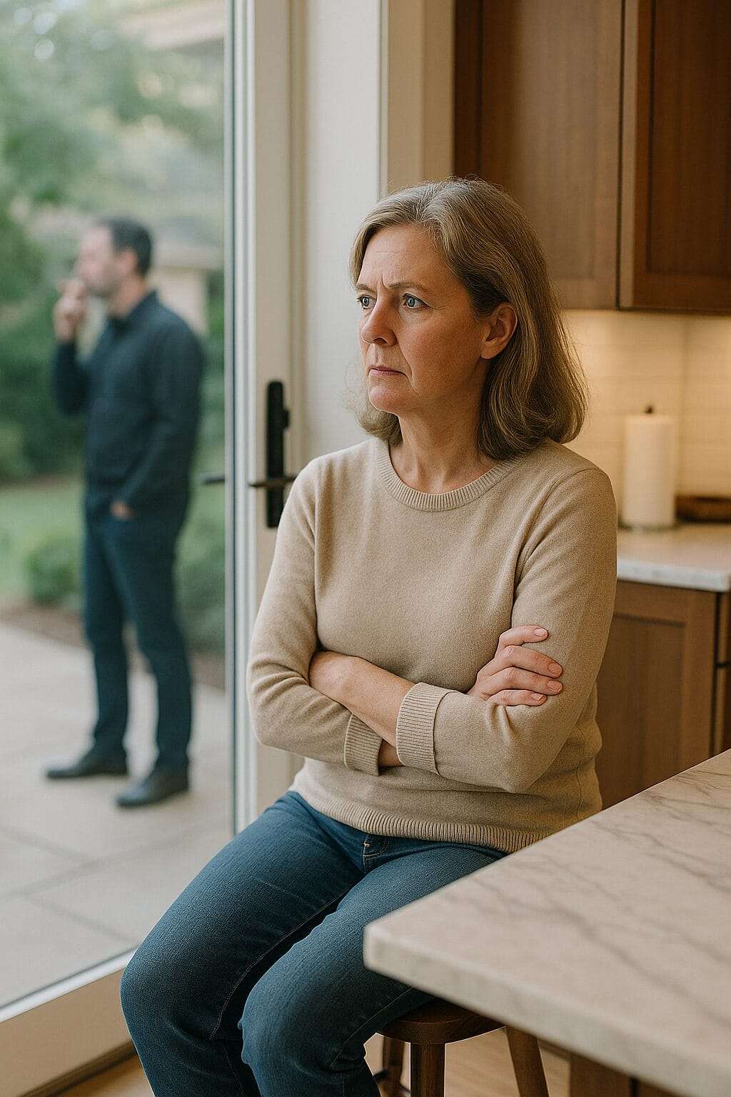 Middle-aged woman sits tensely in a luxury kitchen, staring at her partner smoking outside, reflecting emotional control and buried frustration.