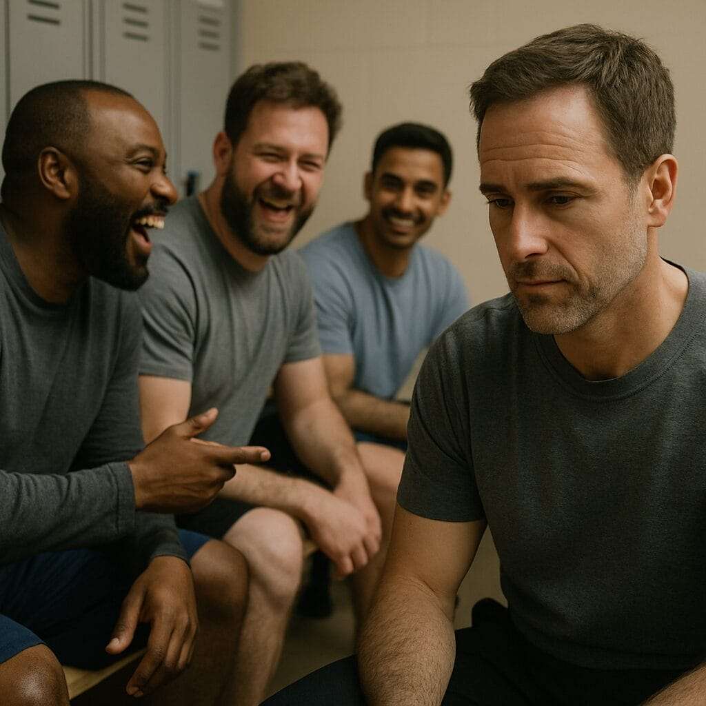 A man in a locker room or casual group setting—surrounded by others laughing, but he’s slightly distanced or not fully engaged.