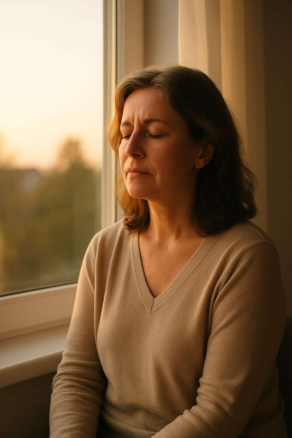 Middle-aged woman sitting quietly by a window at sunrise, eyes closed in calm reflection, symbolizing the emotional stillness before choosing to move forward.