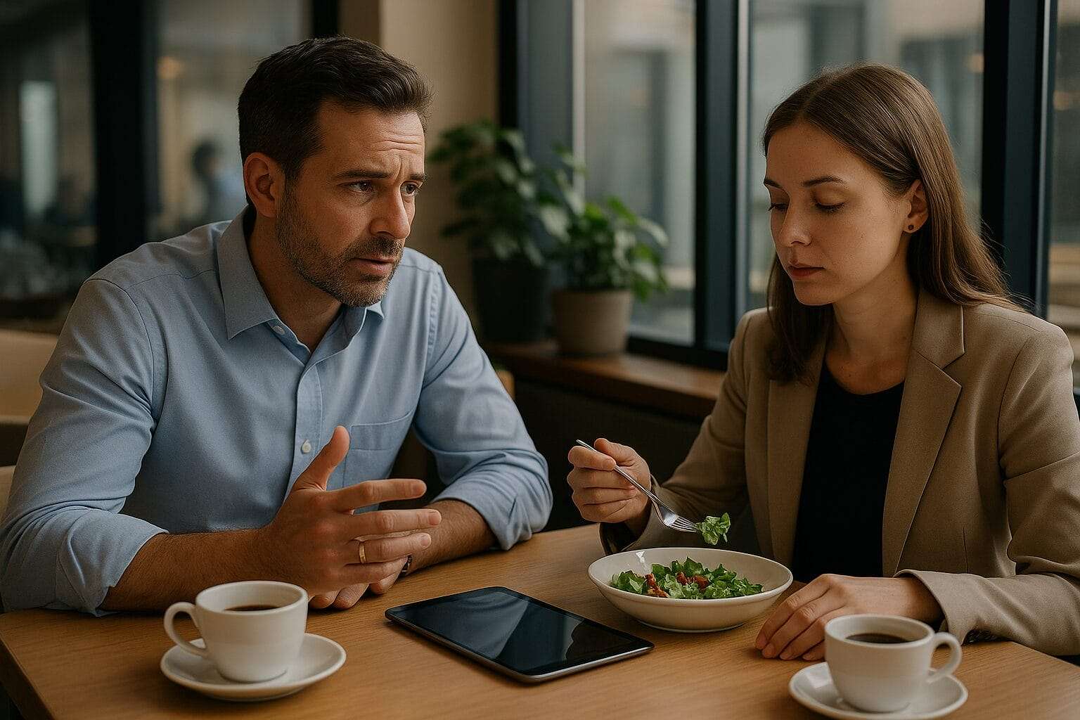 Business casual man with wedding ring leaning in during a work lunch with a woman who looks politely unaware — symbolizing the quiet hunger behind betrayal.