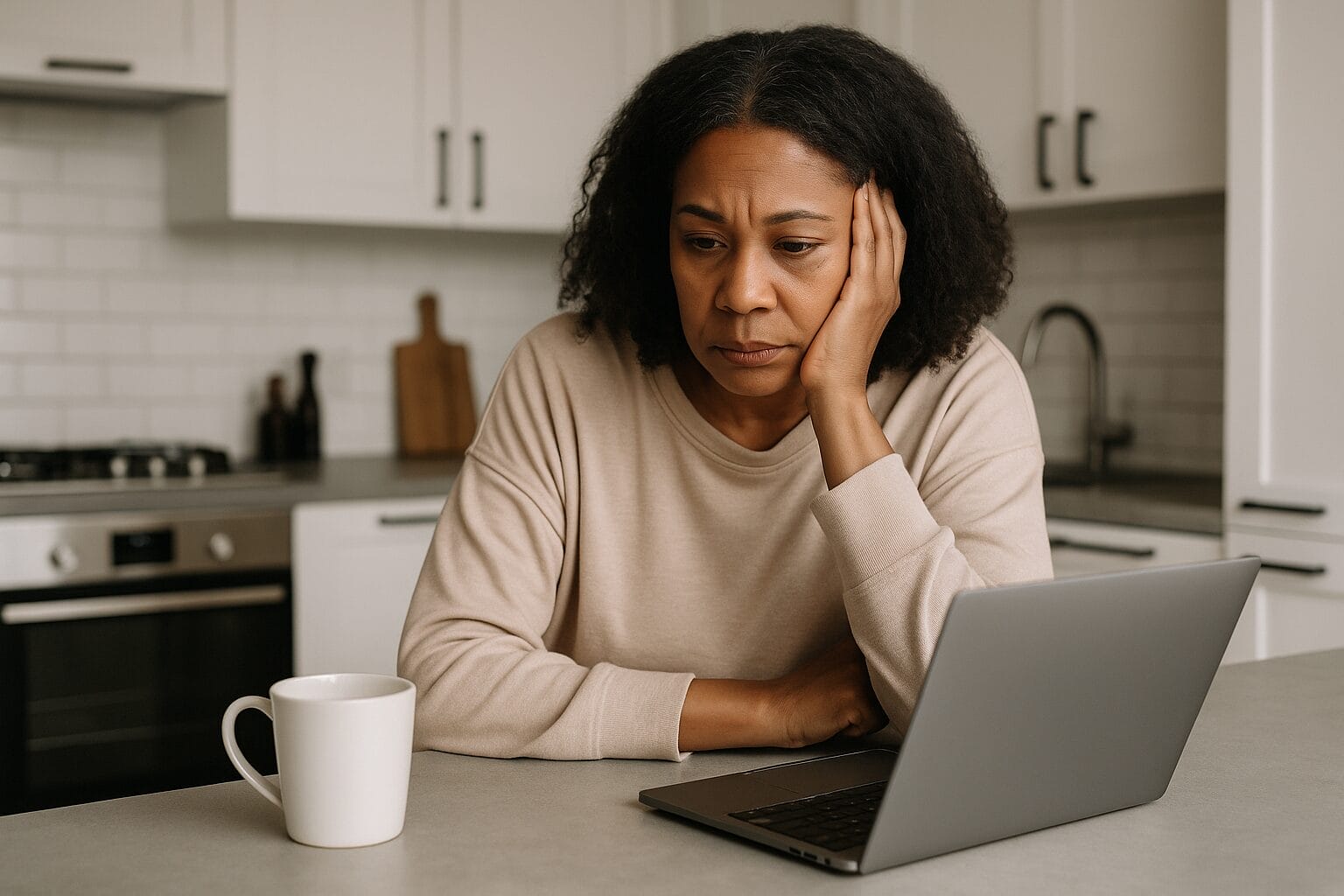 Black woman in beige loungewear at kitchen counter with laptop and coffee mug, head resting in hand, reflecting quietly. Ask ChatGPT