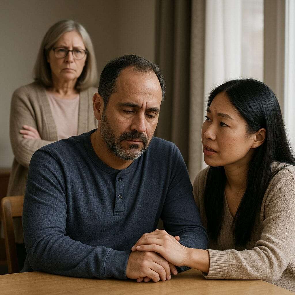 A disapproving mother watches as her adult Latino son and his Asian partner sit together in emotional conversation